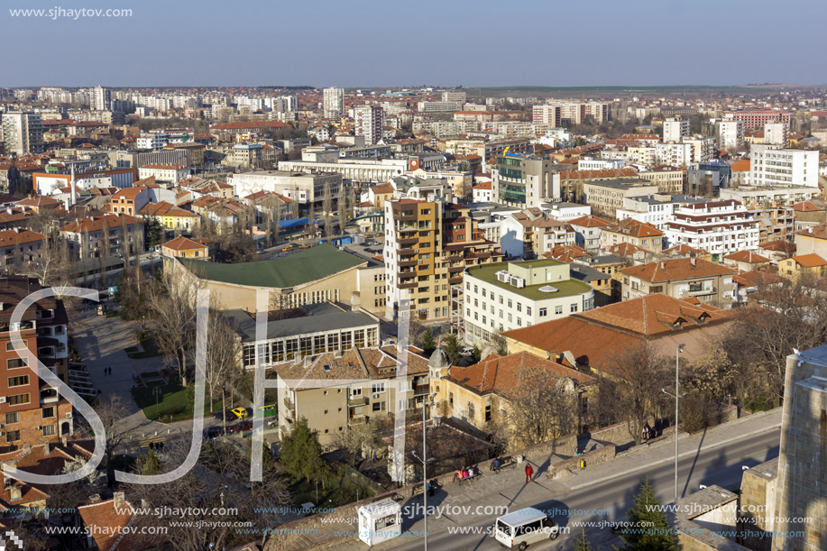 HASKOVO, BULGARIA - MARCH 15, 2014: Amazing panoramic view of City of Haskovo - from Monument of Virgin Mary , Bulgaria