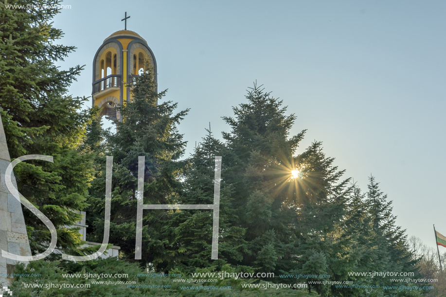 HASKOVO, BULGARIA - MARCH 15, 2014: Church bell tower near Monument of Virgin Mary in City of Haskovo , Bulgaria