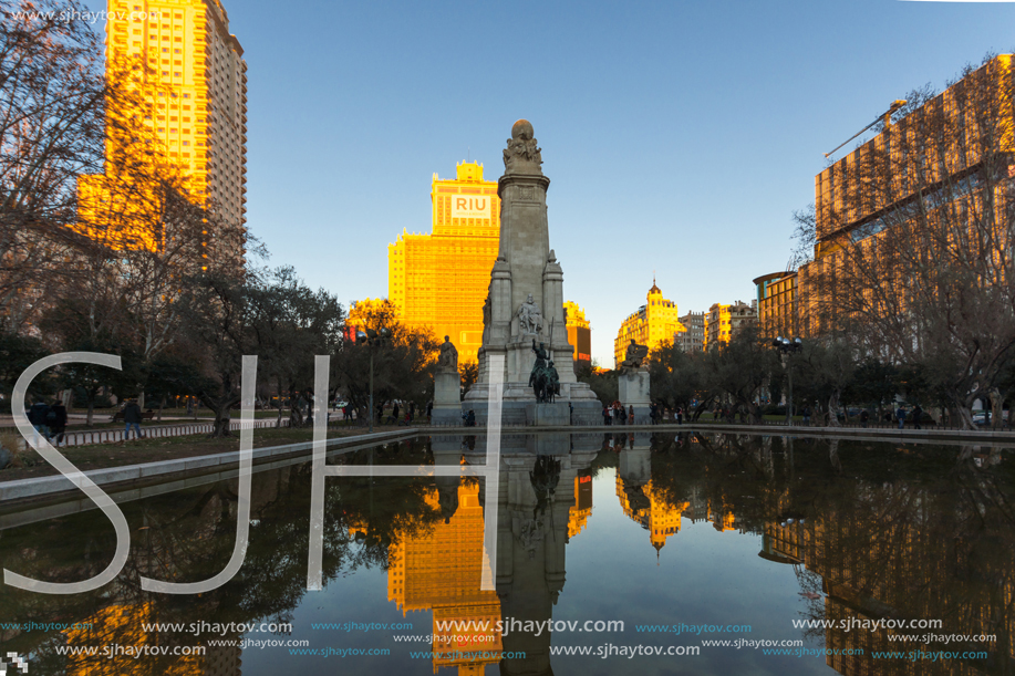 MADRID, SPAIN - JANUARY 21, 2018:  Sunset view of Monument to Cervantes and Don Quixote and Sancho Panza at Spain Square in City of Madrid, Spain