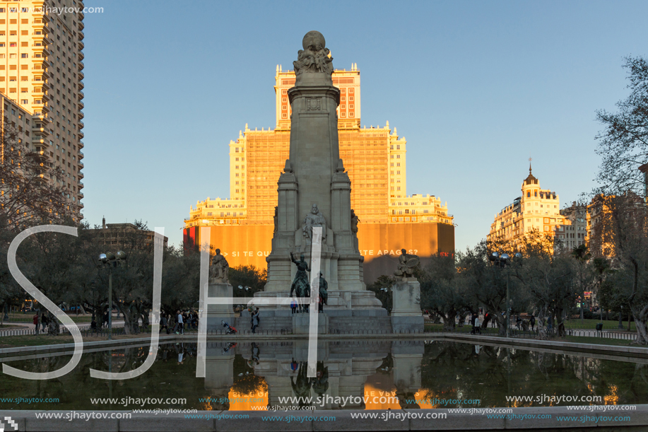 MADRID, SPAIN - JANUARY 21, 2018:  Sunset view of Monument to Cervantes and Don Quixote and Sancho Panza at Spain Square in City of Madrid, Spain