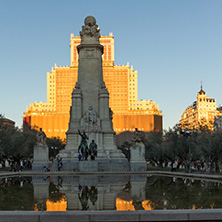 MADRID, SPAIN - JANUARY 21, 2018:  Sunset view of Monument to Cervantes and Don Quixote and Sancho Panza at Spain Square in City of Madrid, Spain