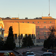 MADRID, SPAIN - JANUARY 21, 2018: Sunset view of Building of Senate City of Madrid, Spain