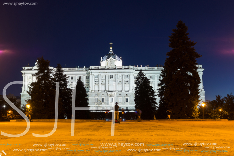 MADRID, SPAIN - JANUARY 21, 2018: Night Photo of Royal Palace and in City of Madrid, Spain