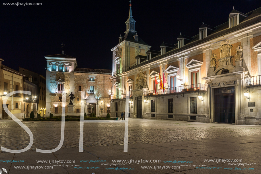 MADRID, SPAIN - JANUARY 21, 2018: Night photo of Plaza de la Villa in City of Madrid, Spain