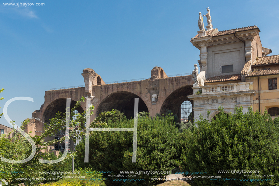 ROME, ITALY - JUNE 24, 2017: Panoramic view of Roman Forum in city of Rome, Italy