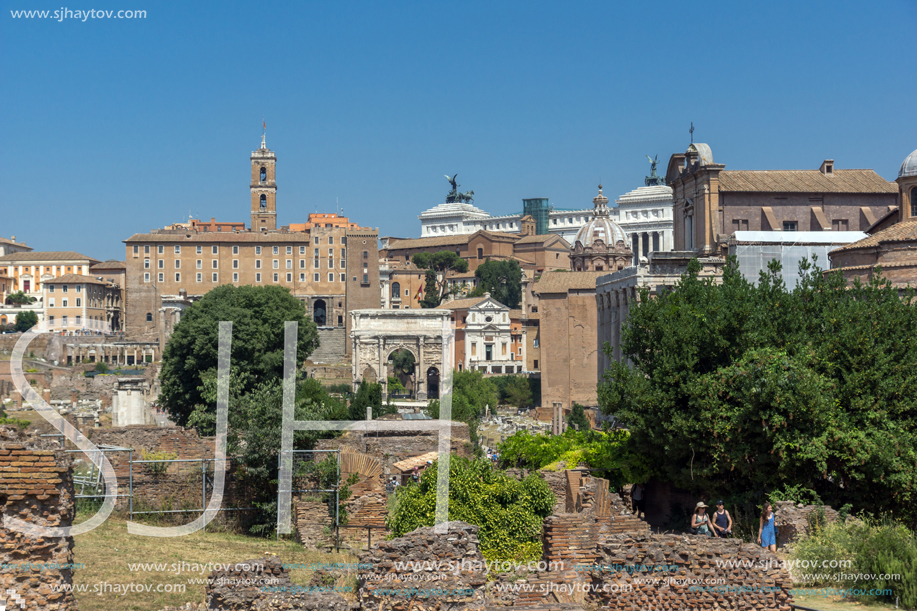 ROME, ITALY - JUNE 24, 2017: Panoramic view of Roman Forum in city of Rome, Italy