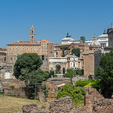 ROME, ITALY - JUNE 24, 2017: Panoramic view of Roman Forum in city of Rome, Italy