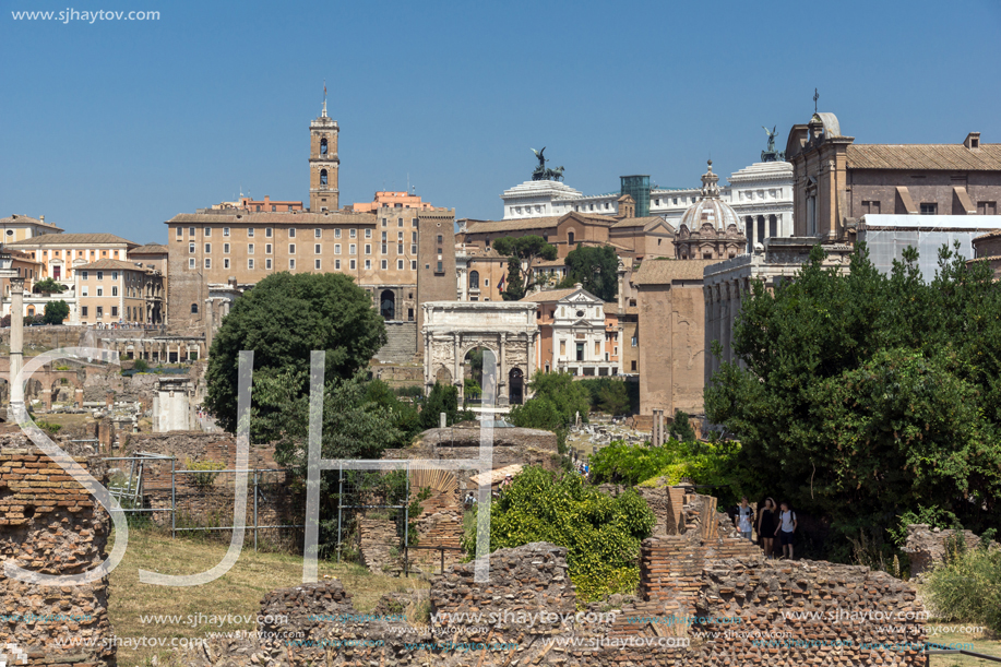 ROME, ITALY - JUNE 24, 2017: Panoramic view of Roman Forum in city of Rome, Italy