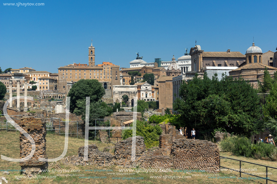 ROME, ITALY - JUNE 24, 2017: Panoramic view of Roman Forum in city of Rome, Italy