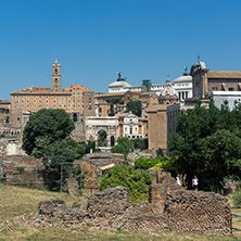 ROME, ITALY - JUNE 24, 2017: Panoramic view of Roman Forum in city of Rome, Italy