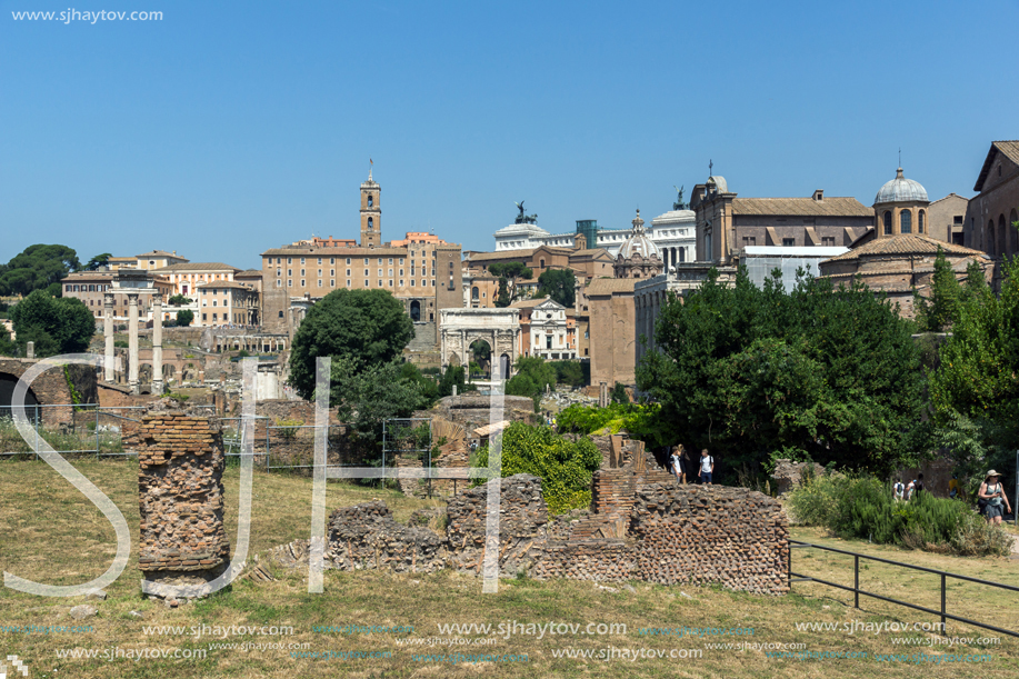 ROME, ITALY - JUNE 24, 2017: Panoramic view of Roman Forum in city of Rome, Italy