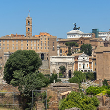 ROME, ITALY - JUNE 24, 2017: Panoramic view of Roman Forum in city of Rome, Italy