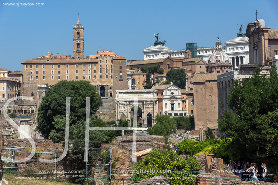 ROME, ITALY - JUNE 24, 2017: Panoramic view of Roman Forum in city of Rome, Italy