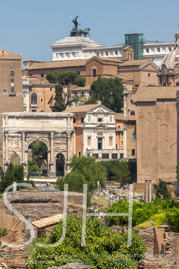 ROME, ITALY - JUNE 24, 2017: Panoramic view of Roman Forum in city of Rome, Italy