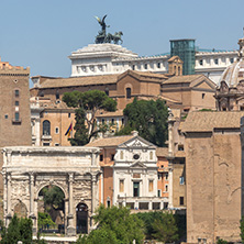 ROME, ITALY - JUNE 24, 2017: Panoramic view of Roman Forum in city of Rome, Italy