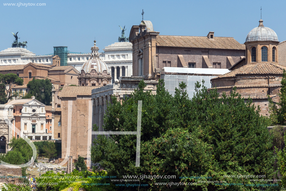 ROME, ITALY - JUNE 24, 2017: Panoramic view of Roman Forum in city of Rome, Italy