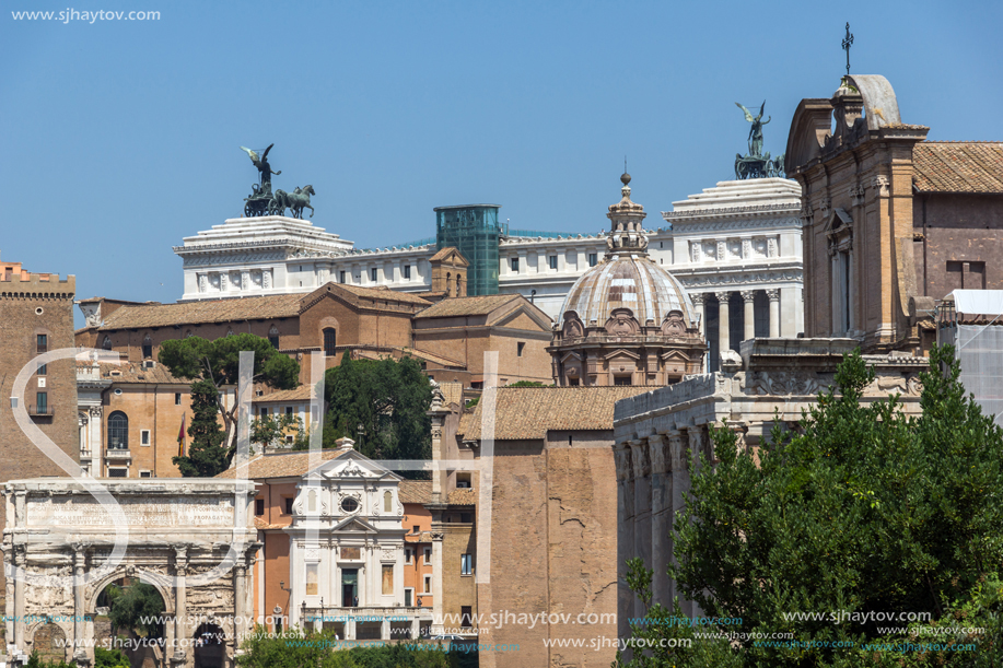 ROME, ITALY - JUNE 24, 2017: Panoramic view of Roman Forum in city of Rome, Italy