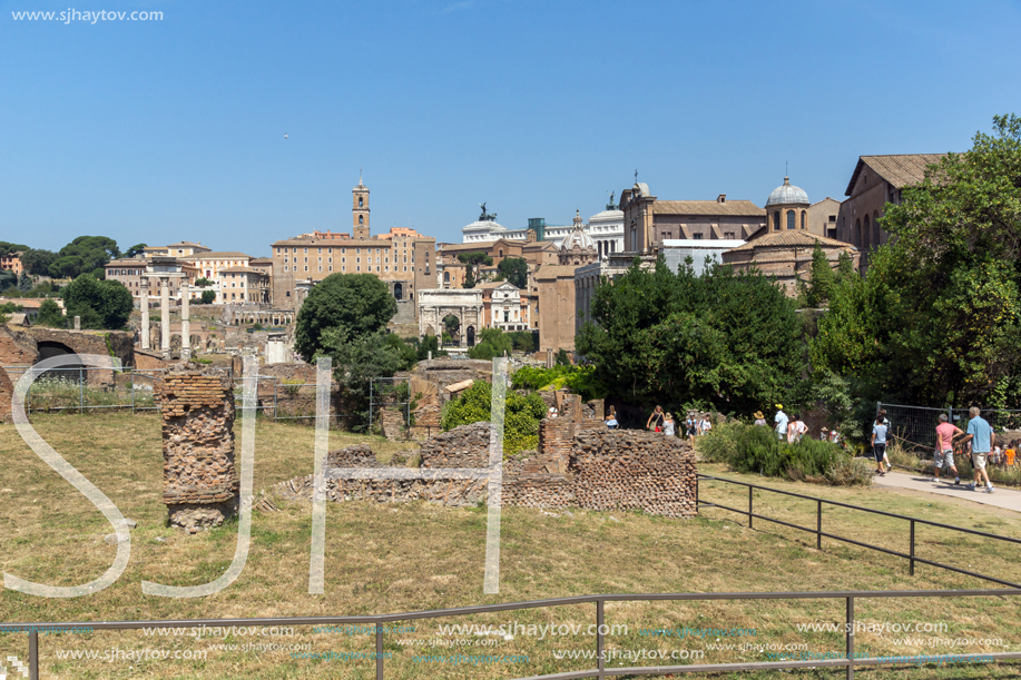 ROME, ITALY - JUNE 24, 2017: Panoramic view of Roman Forum in city of Rome, Italy