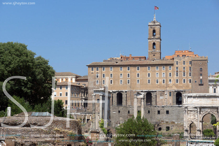 ROME, ITALY - JUNE 24, 2017: Panoramic view of Roman Forum in city of Rome, Italy