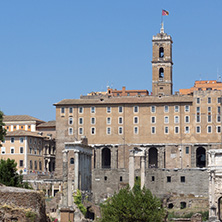 ROME, ITALY - JUNE 24, 2017: Panoramic view of Roman Forum in city of Rome, Italy