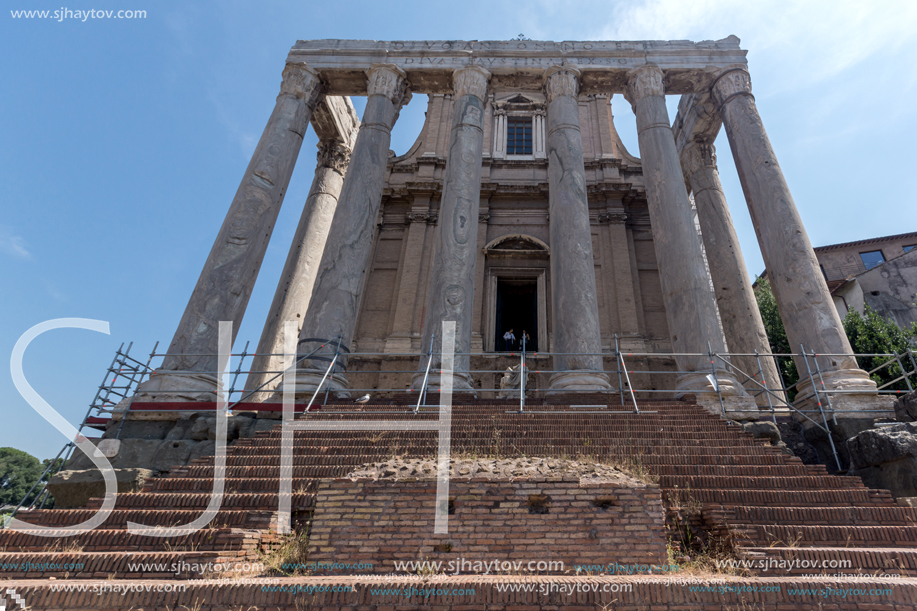 ROME, ITALY - JUNE 24, 2017: Antoninus and Faustina Temple at Roman Forum in city of Rome, Italy