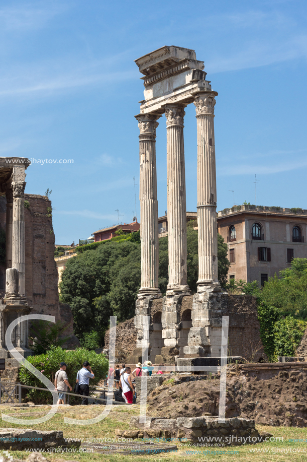 ROME, ITALY - JUNE 24, 2017: Temple of Dioscuri at Roman Forum in city of Rome, Italy