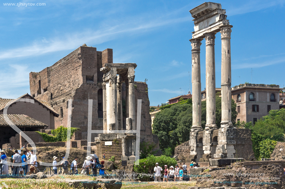 ROME, ITALY - JUNE 24, 2017: Temple of Dioscuri at Roman Forum in city of Rome, Italy