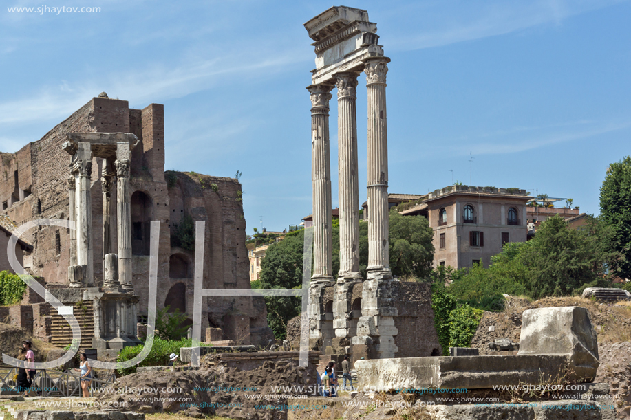 ROME, ITALY - JUNE 24, 2017: Temple of Dioscuri at Roman Forum in city of Rome, Italy