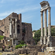 ROME, ITALY - JUNE 24, 2017: Temple of Dioscuri at Roman Forum in city of Rome, Italy