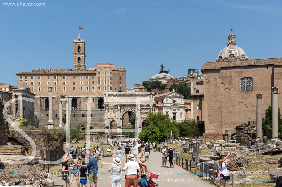 ROME, ITALY - JUNE 24, 2017: Panoramic view of Roman Forum in city of Rome, Italy