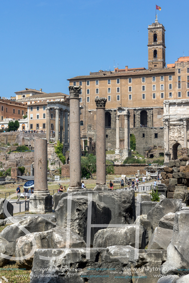 ROME, ITALY - JUNE 24, 2017: Panoramic view of Roman Forum in city of Rome, Italy