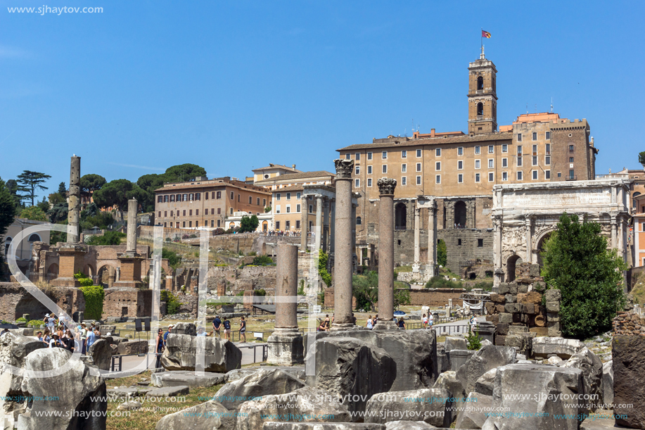 ROME, ITALY - JUNE 24, 2017: Panoramic view of Roman Forum in city of Rome, Italy