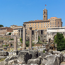 ROME, ITALY - JUNE 24, 2017: Panoramic view of Roman Forum in city of Rome, Italy