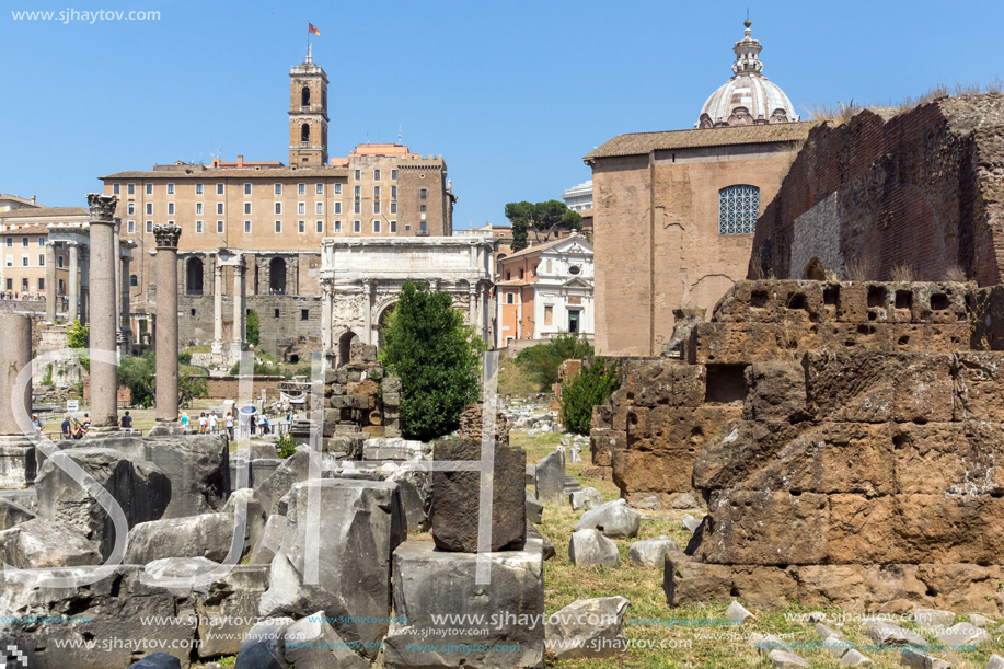 ROME, ITALY - JUNE 24, 2017: Panoramic view of Roman Forum in city of Rome, Italy