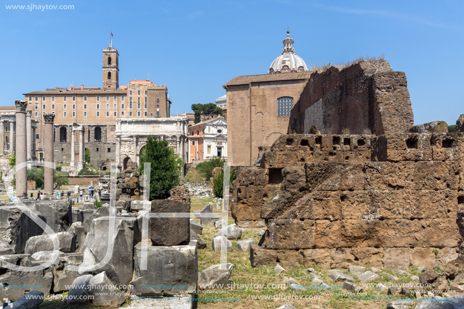 ROME, ITALY - JUNE 24, 2017: Panoramic view of Roman Forum in city of Rome, Italy