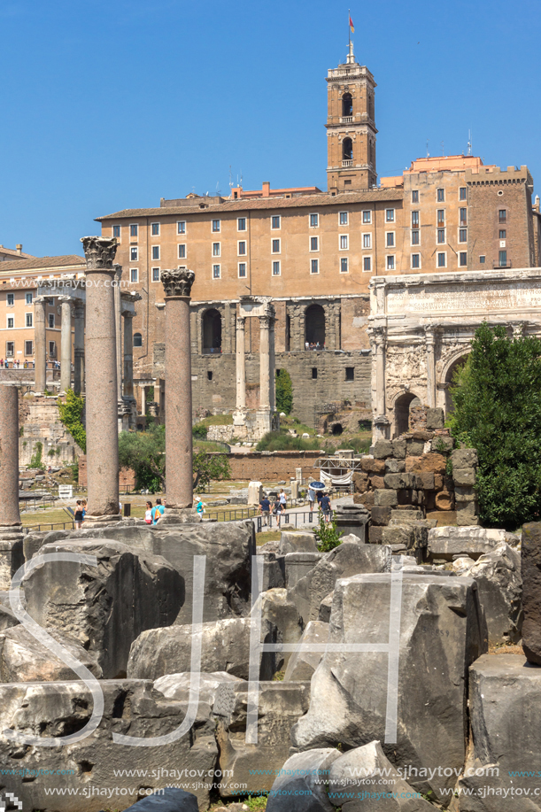 ROME, ITALY - JUNE 24, 2017: Panoramic view of Roman Forum in city of Rome, Italy