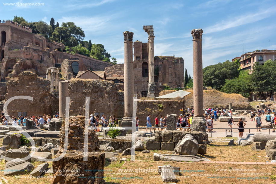 ROME, ITALY - JUNE 24, 2017: Panoramic view of Roman Forum in city of Rome, Italy