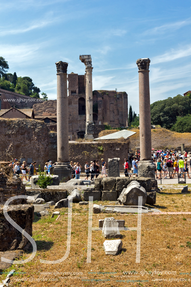 ROME, ITALY - JUNE 24, 2017: Panoramic view of Roman Forum in city of Rome, Italy