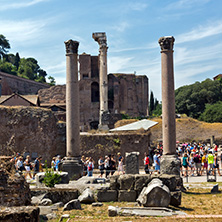 ROME, ITALY - JUNE 24, 2017: Panoramic view of Roman Forum in city of Rome, Italy