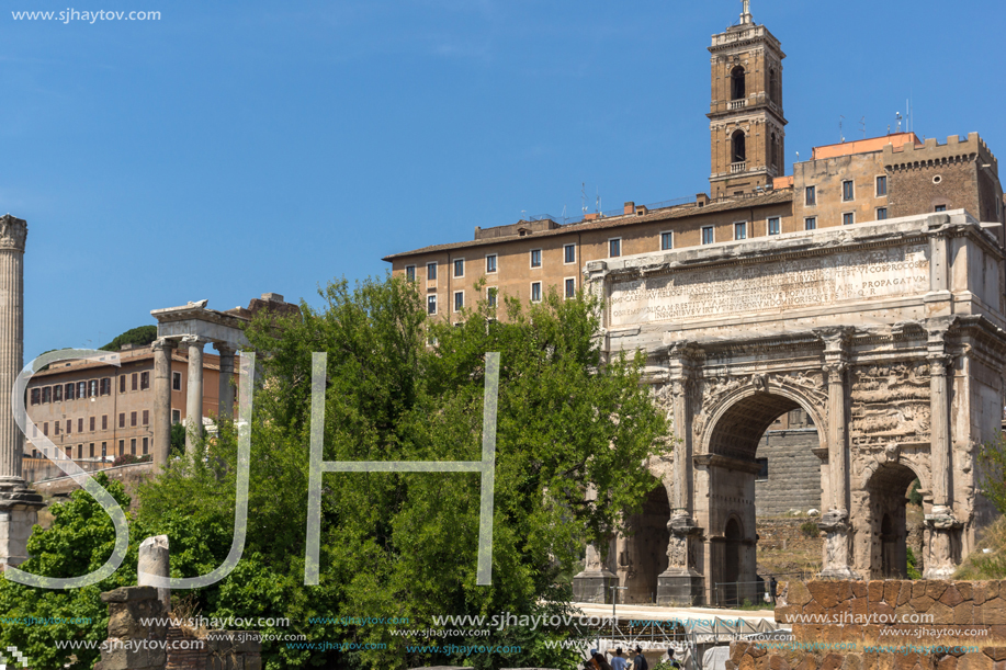 ROME, ITALY - JUNE 24, 2017: Septimius Severus Arch at Roman Forum in city of Rome, Italy