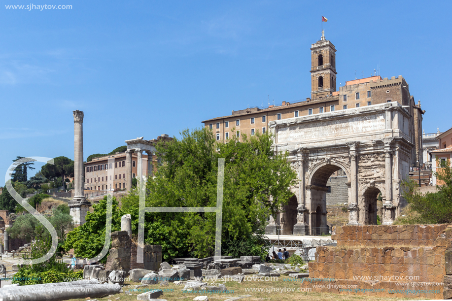 ROME, ITALY - JUNE 24, 2017: Septimius Severus Arch at Roman Forum in city of Rome, Italy