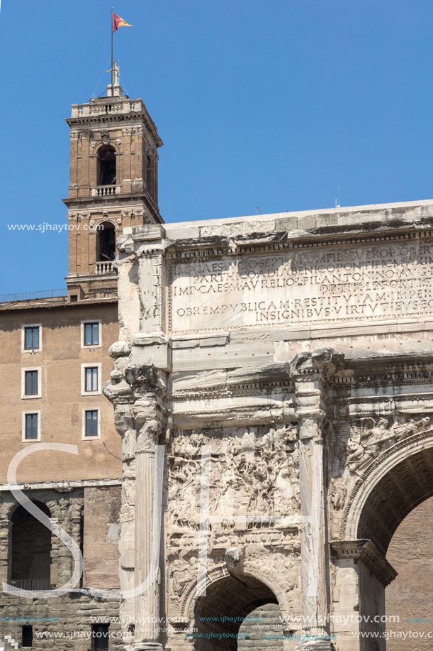 ROME, ITALY - JUNE 24, 2017: Septimius Severus Arch at Roman Forum in city of Rome, Italy