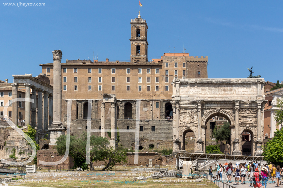 ROME, ITALY - JUNE 24, 2017: Panoramic view of Roman Forum in city of Rome, Italy