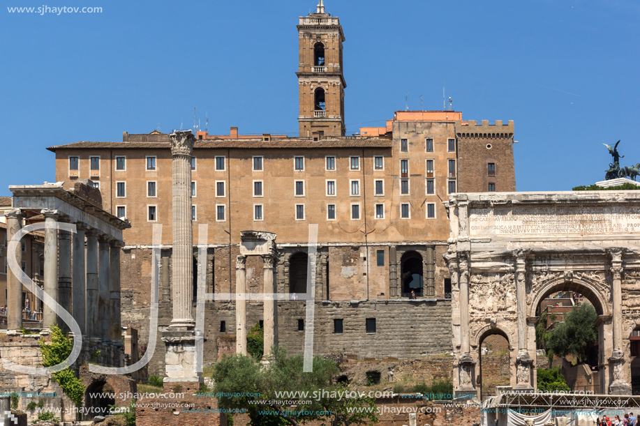 ROME, ITALY - JUNE 24, 2017: Panoramic view of Roman Forum in city of Rome, Italy