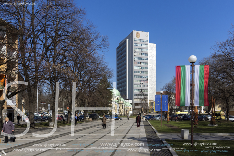 PERNIK, BULGARIA - MARCH 12, 2014:  Panoramic view of center of city of Pernik, Bulgaria