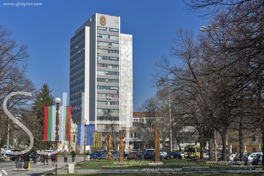 PERNIK, BULGARIA - MARCH 12, 2014:  Panoramic view of center of city of Pernik, Bulgaria