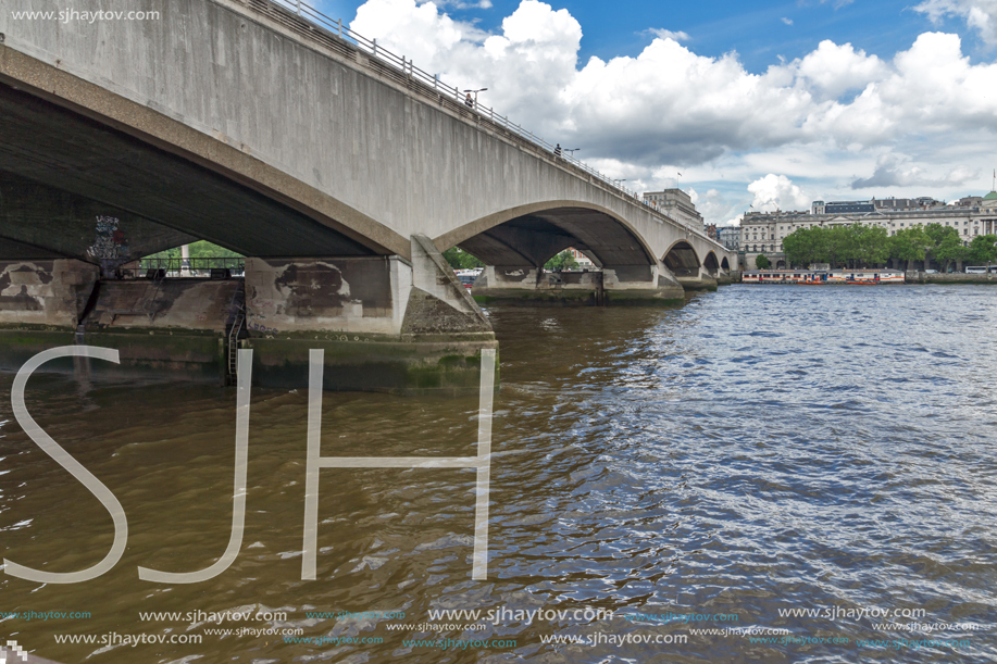 LONDON, ENGLAND - JUNE 15 2016: Waterloo Bridge and Thames River, London, England, United Kingdom