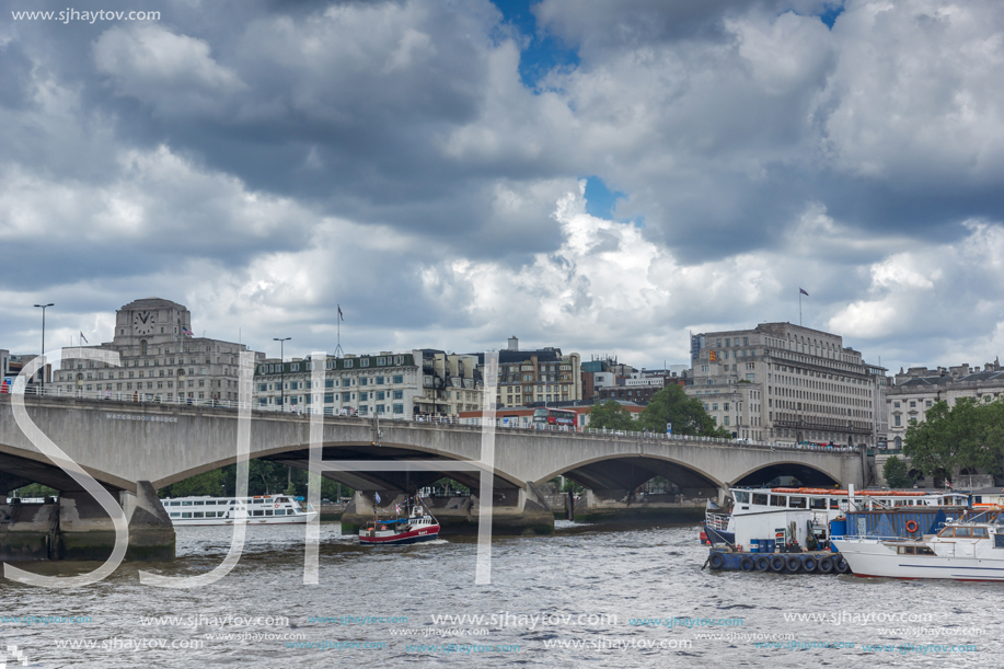 LONDON, ENGLAND - JUNE 15 2016: Waterloo Bridge and Thames River, London, England, United Kingdom