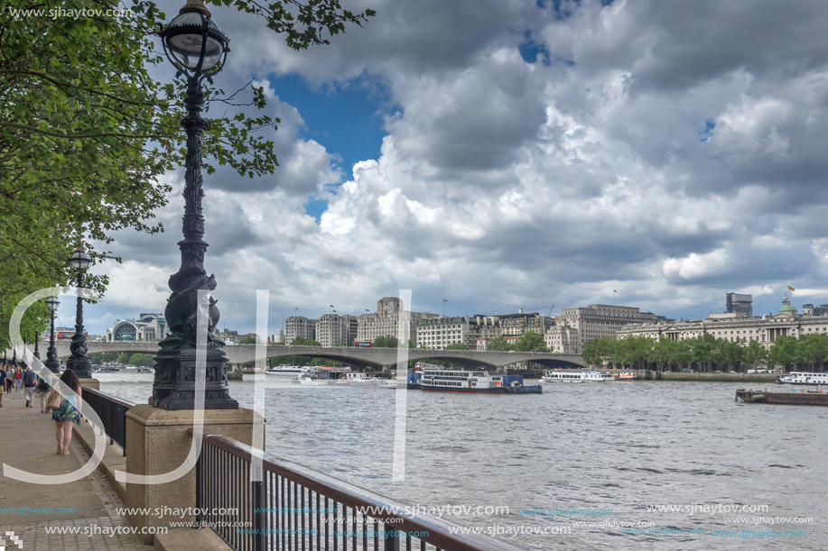 LONDON, ENGLAND - JUNE 15 2016:  Panoramic view of Thames river and City of London, Great Britain