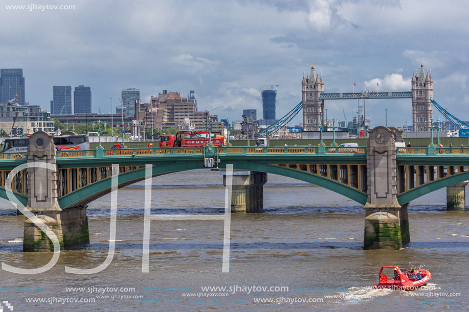 LONDON, ENGLAND - JUNE 15 2016: Panoramic view of Thames River and Tower Bridge in City of London, England, Great Britain